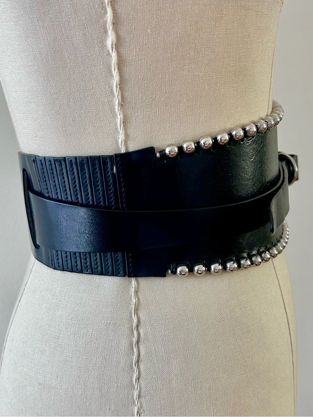 Isabel Marant Black Leather Wide Waist Belt with Silver Bead Trim